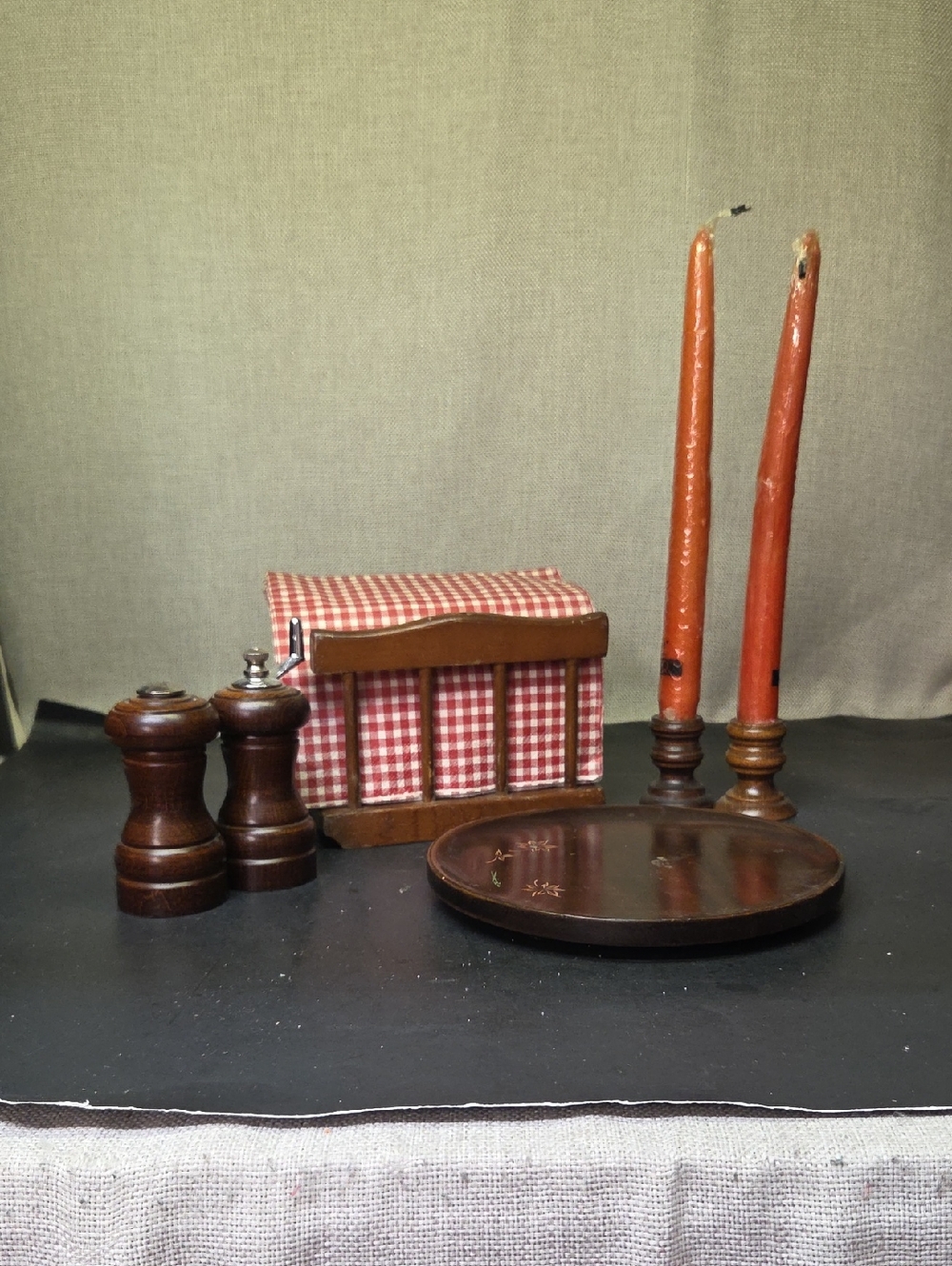Vintage  Salt & Pepper Mill Grinder Shaker 3.5" USA Napkin Holder, Candles,plate